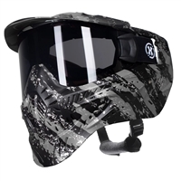 An HK Army HSTL Goggle for paintball and airsoft. The mask has a black and grey stripe graphic print on it.