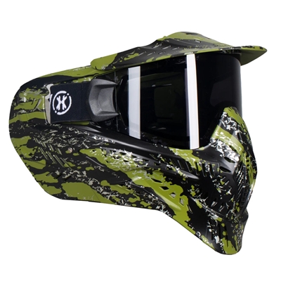 An HK Army HSTL Goggle for paintball and airsoft. The mask has a black and olive stripe graphic print on it.