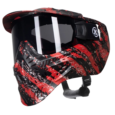 An HK Army HSTL Goggle for paintball and airsoft. The mask has a black and red stripe graphic print on it.