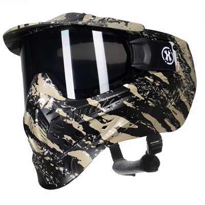 An HK Army HSTL Goggle for paintball and airsoft. The mask has a black and grey stripe graphic print on it.