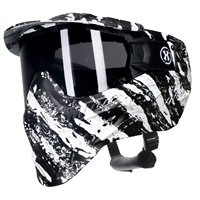 An HK Army HSTL Goggle for paintball and airsoft. The mask has a black and white stripe graphic print on it.