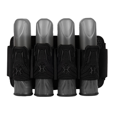 An all black 4+3 HK Army Zero G Lite paintball harness.