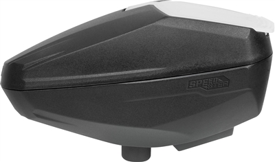A Protoyz Speedster electronic paintball loader. The Speedster loader is matte black.