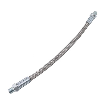 A 9" stainless steel braided hose. Both ends of the hose have 1/8 NPT threaded male adapters.