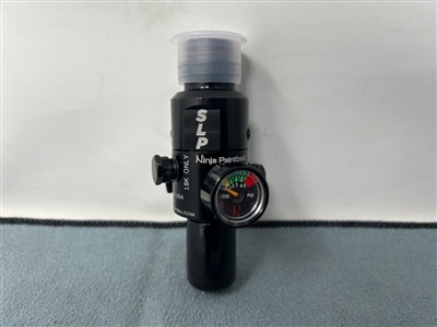 A Ninja 3000psi Ultralite tank regulator. This regulator has a lightweight aluminum bonnet, and features Ninja's O-Ring Fill Valve and Micro Gauge. This regulator has a fixed output pressure of 300psi