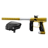 A dust gold and dust silver Empire Axe 2.0 paintball marker with a black Empire Halo Too paintball loader.