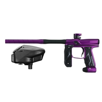 A dust purple and dust black Empire Axe 2.0 paintball marker with a black Empire Halo Too paintball loader.