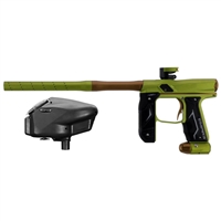 A dust green and dust bronze Empire Axe 2.0 paintball marker with a black Empire Halo Too paintball loader.