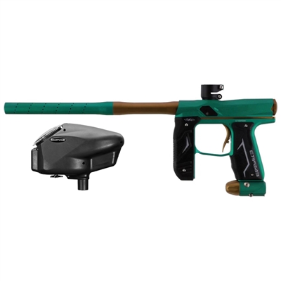 A dust teal and dust bronze Empire Axe 2.0 paintball marker with a black Empire Halo Too paintball loader.