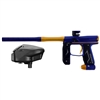 A dust blue and dust gold Empire Axe 2.0 paintball marker with a black Empire Halo Too paintball loader.