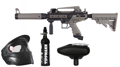 A beginner's paintball gun package that includes a Tippmann Cronus Tactical .50 cal paintball marker, a Tippmann 26/3000 flat bottom HPA tank, a JT Premise Single paintball mask, and a Tippmann Multi-Cal loader.