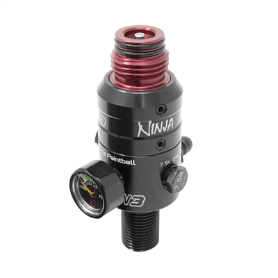 A Ninja Pro V3 4500psi tank regulator with red aluminum bonnet.