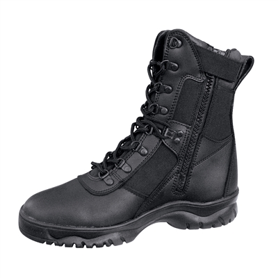 A pair of black Rothco Forced Entry Tactical Boots with side zipper. The boots have an 8 inch upper.