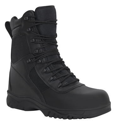 A pair of black Rothco 8 Inch Forced Entry Tactical Boot with Side Zipper & Composite Toe boots.