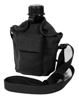 A Rothco Vintage Canvas Carry-All Canteen Cover with shoulder strap. Item number 614. The cover is black.