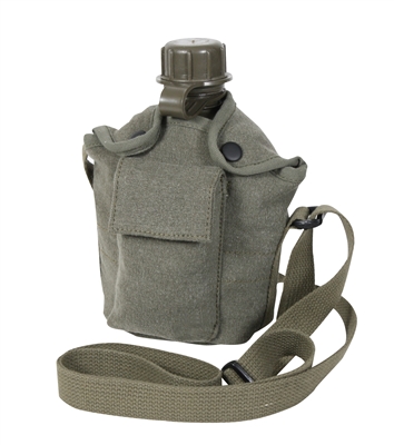 A Rothco Vintage Canvas Carry-All Canteen Cover with shoulder strap. Item number 614. The cover is olive drab.