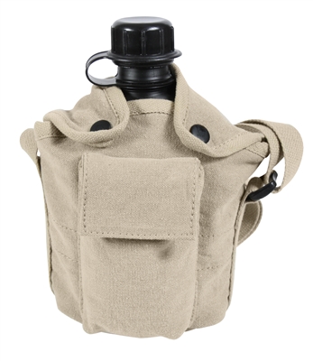 A Rothco Vintage Canvas Carry-All Canteen Cover with shoulder strap. Item number 614. The cover is khaki.