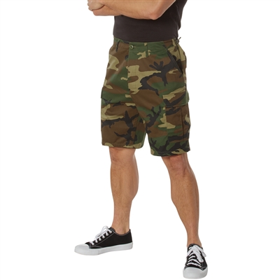 A pair of Rothco BDU shorts. The shorts have a woodland camo pattern.