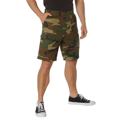 A pair of Rothco BDU shorts. The shorts have a woodland camo pattern and are size 2XL.