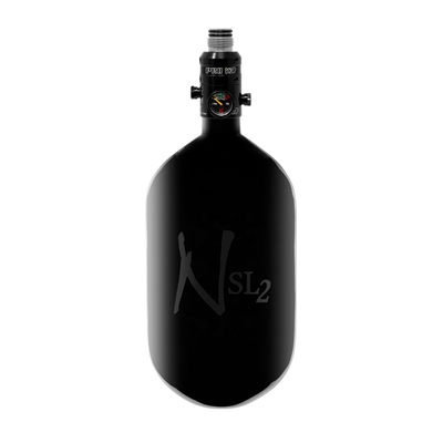A Ninja SL2 68/4500 carbon fiber HPA tank. The tank is gloss black and has a black logo. The tank is equipped with a Pro V3 regulator with a stainless steel bonnet.