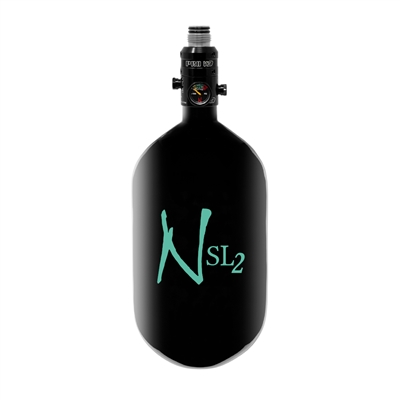 A Ninja SL2 68/4500 carbon fiber HPA tank. The tank is gloss black and has a teal logo. The tank is equipped with a Pro V3 regulator with a stainless steel bonnet.