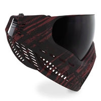 A Virtue VIO Ascend paintball mask in the Graphic Red colorway. The goggle has a black and red striped facemask and comes with a dark smoke thermal lens.