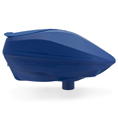 A blue Virtue Spire IR2 electronic paintball hopper.