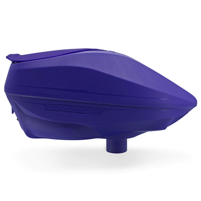 A purple Virtue Spire IR2 electronic paintball hopper.