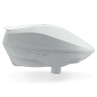 A white Virtue Spire IR2 electronic paintball hopper.