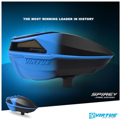 A Virtue Spire V electronic paintball loader in the cyan black fade colorway.