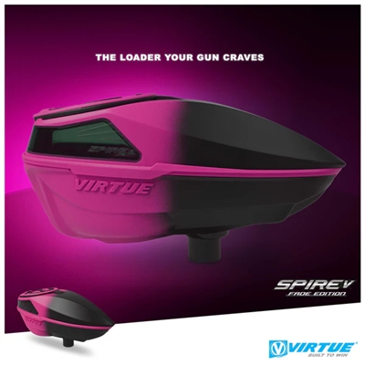 A Virtue Spire V electronic paintball loader in the pink black fade colorway.