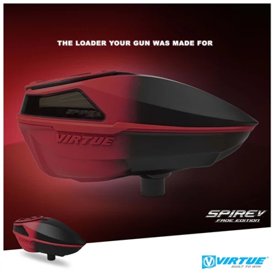 A Virtue Spire V electronic paintball loader in the red black fade colorway.