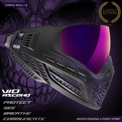 A Virtue VIO Ascend paintball mask in the Purple Skull LE colorway.