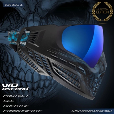 A Virtue VIO Ascend paintball mask in the Cyan Skull LE colorway.