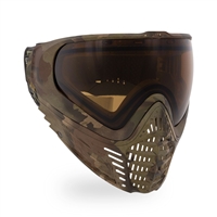 A Virtue Vio Contour II paintball mask in the Reality Brush Camo colorway. The mask is has a camouflage pattern and comes with an amber tinted lens.