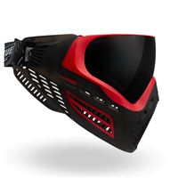A Virtue VIO Ascend paintball mask in the Red Smoke colorway. The goggle is black with red accents, and comes with a smoke thermal lens.