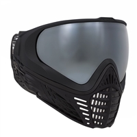 A Virtue Vio Contour II paintball mask in the standard black color way. The goggle has a black facemask and comes with a chrome mirrored lens.