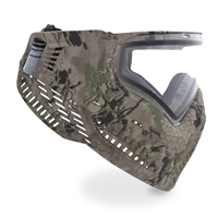 A Virtue VIO Ascend paintball mask in the Highlander Camo color way. The goggle has a camouflage facemask and comes with a clear thermal lens.