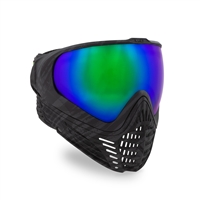 A Virtue VIO Contour II paintball mask in the Graphic Black Emerald color way. The goggle has a black facemask and comes with an emerald green mirrored lens.