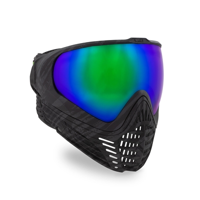 A Virtue VIO Contour II paintball mask in the Graphic Black Emerald color way. The goggle has a black facemask and comes with an emerald green mirrored lens.