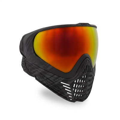 A Virtue Vio Contour II paintball mask in the Graphic Black Fire colorway. The mask is black and has a red thermal lens.