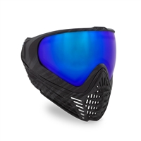 A Virtue Vio Contour II paintball mask in the Graphic Black Ice colorway. The goggle has a black facemask and comes with a blue mirrored lens.