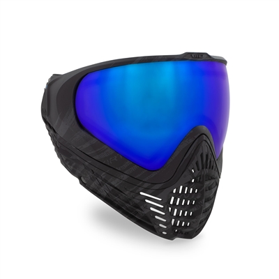 A Virtue Vio Contour II paintball mask in the Graphic Black Ice colorway. The goggle has a black facemask and comes with a blue mirrored lens.