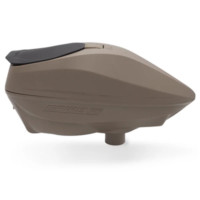 A tan Virtue Spire IR2 electronic paintball hopper.