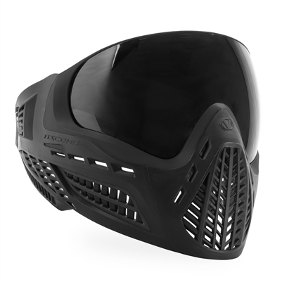 An all black Virtue VIO Ascend paintball mask. The goggle comes with a dark smoke thermal lens.