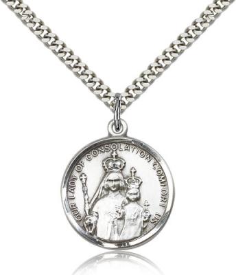 Sterling Silver Our Lady of Consolation Pendant, Stainless Silver Heavy Curb Chain, 1" x 3/4"