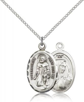 Sterling Silver St. Peregrine Pendant, Sterling Silver Lite Curb Chain, 1" x 5/8"