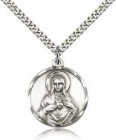 Sterling Silver Immaculate Heart of Mary Pendant, Stainless Silver Heavy Curb Chain, 1" x 7/8"