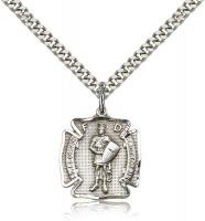 Sterling Silver St. Florian Pendant, Stainless Silver Heavy Curb Chain, 3/4" x 5/8"