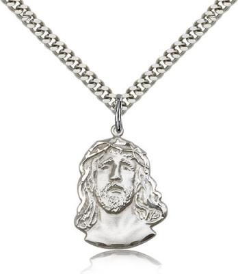 Sterling Silver ECCE Homo Pendant, Stainless Silver Heavy Curb Chain, 7/8" x 5/8"